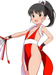  0k0j0 1girl :d absurdres breasts brown_eyes brown_hair cosplay fatal_fury fukuyama_mai hand_fan highres idolmaster idolmaster_cinderella_girls japanese_clothes kimono loli name_connection no_panties open_mouth pelvic_curtain ponytail red_kimono shiranui_mai shiranui_mai_(cosplay) sideless_kimono simple_background small_breasts smile solo white_background 