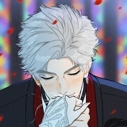 1boy black_jacket black_necktie black_suit chinese_commentary closed_eyes closed_mouth female_pov formal_clothes gfmldjszt highres holding_hands jacket kiss kissing_hand light_blush love_and_deepspace male_focus necktie official_alternate_costume parted_bangs portrait pov red_vest shirt short_hair suit sylus_(love_and_deepspace) vest white_hair white_shirt 