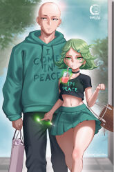  1boy 1girl absurdres ahoge bag baggy_pants bald black_choker brand_name_imitation casual choker clothes_writing couple crop_top cup drink drinking_straw earrings elbow_carry english_text green_hair green_hoodie hair_ornament hairclip handbag highres hood hoodie jewelry light_smile looking_at_viewer looking_to_the_side midriff miniskirt one-punch_man pants road saitama_(one-punch_man) shopping_bag skirt street streetwear stud_earrings sweatdrop tatsumaki tree walking_towards_viewer windmill_(windmillg)  rating:Sensitive score:99 user:danbooru