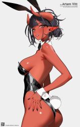 1girl animal_ears art_trade ass black_hair breasts broken_horn colored_skin demon demon_girl demon_horns highres horns leotard looking_at_viewer ohkurrva oni open_mouth playboy_bunny pointy_ears rabbit_ears rabbit_tail red_horns red_oni red_skin short_hair solo tail trade rating:Sensitive score:19 user:danbooru