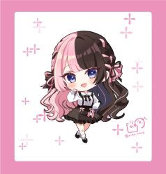  1girl :d black_hair black_shoes black_skirt blue_eyes blush border braid breasts chibi collared_shirt commentary_request frilled_skirt frills hand_up head_tilt long_sleeves medium_breasts multicolored_hair open_mouth pink_border pink_hair puffy_long_sleeves puffy_sleeves rino_cnc shirt shoes skirt sleeves_past_wrists smile socks solo suspender_skirt suspenders tachibana_hinano twitter_username two-tone_hair virtual_youtuber vspo! white_background white_shirt white_socks 
