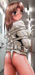 1girl ass bdsm blue_eyes blush bondage bottomless bound brown_hair female_focus from_behind jpeg_artifacts looking_back original photo_background shingyouji_tatsuya solo straitjacket sweat rating:Questionable score:87 user:danbooru