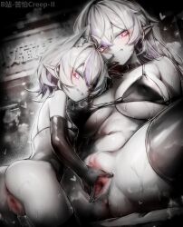  2girls age_difference animal_ear_fluff animal_ears anus artist_name ass belt_collar bikini blur_censor breasts censored character_request collar copyright_request elbow_gloves fingering gloves greyscale grin heart highres huge_breasts kupa_(jesterwii) loli long_hair looking_at_viewer monochrome multicolored_hair multiple_girls naughty_face navel nude onee-loli paid_reward_available parted_lips pink_eyes pointy_ears presenting_another purple_hair pussy pussy_juice short_hair small_breasts smile spot_color spread_legs spread_pussy spreading_another&#039;s_pussy streaked_hair swimsuit teeth thighhighs virtual_youtuber yuri 