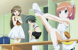 00s 3girls :d absurdres ah-kun ass back bag bench bike_shorts blue_eyes blush bob_cut buttons child dress dressing drooling embarrassed feet flat_chest from_behind green_hair grey_hair gym_shorts hair_bobbles hair_ornament hand_on_another&#039;s_chest hands_on_own_chest highres holding large_buttons leg_lift locker locker_room long_hair moetan multiple_girls nijihara_ink nishio_kouhaku no_shoes official_art open_mouth orange_hair pink_hair remi_suzuki rina_tanaka scan short_hair shorts sitting smile sock_pull socks spandex sports_bra suzuki_remi tanaka_rina twintails white_socks rating:Sensitive score:56 user:danbooru
