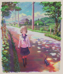  1girl animal black_cat black_shoes black_socks blonde_hair blue_eyes blue_neckerchief blue_skirt blue_sky building cat closed_mouth cloud expressionless feel_(nasitaki) fence highres loafers long_sleeves looking_at_viewer neckerchief original outdoors pleated_skirt power_lines road sailor_collar scenery school_uniform serafuku shirt shoes short_hair skirt sky socks standing tree utility_pole white_sailor_collar white_shirt  rating:General score:8 user:danbooru
