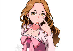  1girl akanbe artist_name bow brown_eyes brown_hair earrings ebihara_ai eyelid_pull hand_up insomia3 jewelry long_hair long_sleeves looking_at_viewer necklace persona persona_4 pink_bow pink_nails solo tongue tongue_out upper_body white_background 