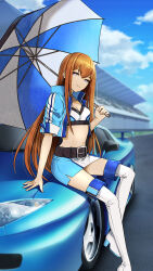  1girl archived_source belt belt_buckle black_belt bleachers blue_car blue_eyes blue_jacket boots breasts brown_hair buckle car cleavage closed_mouth cloud cloudy_sky crop_top cropped_jacket day foot_out_of_frame game_cg hair_between_eyes highres holding holding_umbrella huke jacket long_hair looking_at_viewer makise_kurisu medium_breasts midriff miniskirt motor_vehicle navel official_alternate_costume official_art on_car race_queen racetrack sitting skirt sky smile solo steins;gate straight_hair thigh_boots thighhighs third-party_source umbrella white_boots zettai_ryouiki 