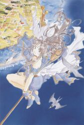 1girl aa_megami-sama ahoge barefoot beach belldandy bird blue_eyes broom broom_riding brown_hair city cityscape diamond_facial_mark dress facial_mark flying fujishima_kousuke highres jewelry long_hair looking_at_viewer official_art ponytail retro_artstyle seagull smile solo traditional_media water 