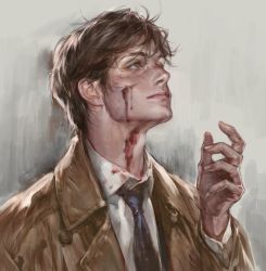 1boy absurdres black_necktie blood blood_on_clothes blood_on_face bm94199 brown_eyes brown_hair collared_shirt highres korean_commentary long_sleeves looking_up male_focus necktie original photo-referenced shirt short_hair solo upper_body rating:Sensitive score:1 user:danbooru