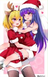 2girls bag blonde_hair blue_eyes blush boots carrying dress eru furude_rika gloves hat heart higurashi_no_naku_koro_ni houjou_satoko long_hair looking_at_another multiple_girls open_mouth purple_eyes santa_costume santa_dress santa_gloves santa_hat short_hair simple_background smile sparkle rating:Sensitive score:14 user:danbooru