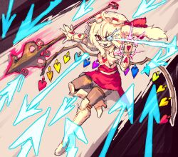  1girl absurdres ascot black_pantyhose blonde_hair boots cosplay crystal crystal_wings flandre_scarlet flying glowing glowing_eye hat hat_ribbon heart highres laevatein_(touhou) mob_cap open_mouth pantyhose puffy_short_sleeves puffy_sleeves rampa93 red_eyes red_skirt ribbon sans_(undertale) sans_(undertale)_(cosplay) short_hair short_sleeves side_ponytail skirt smile solo touhou touhou_danmaku_kagura undertale wings 