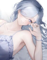  1girl absurdres arano_(waikuni11) blue_nails blue_nightgown bright_pupils collarbone genshin_impact highres long_hair looking_at_viewer lying nail_polish nightgown on_back purple_eyes shenhe_(genshin_impact) smile solo upper_body white_pupils 