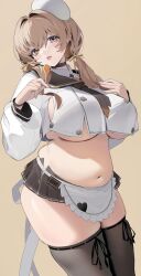  1girl 767_(pixiv973307689) absurdres belly black_choker black_thighhighs bready_(nikke) breasts brown_eyes brown_hair candy choker cropped_shirt food goddess_of_victory:_nikke highres holding holding_candy holding_food holding_lollipop large_breasts lollipop long_sleeves looking_at_viewer microskirt navel plump shirt simple_background skirt solo thighhighs underboob white_shirt  rating:Sensitive score:29 user:danbooru