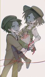  1boy 1girl apron beard_stubble black_necktie blue_eyes blue_pants boots bouquet brown_boots brown_hair brown_hat brown_jacket brown_pants carrying carrying_person character_doll chinese_commentary chromatic_aberration collared_shirt commentary_request doll emma_woods facial_hair film_grain flower freckles gloves green_apron hat heterochromia highres holding holding_bouquet identity_v jacket jin_fang_jintian_gu_le_ma knee_boots kreacher_pierson necktie no_nose open_clothes open_jacket open_mouth pants parted_bangs patchwork_clothes pink_flower red_ribbon ribbon shirt short_hair sleeves_rolled_up smile striped_clothes striped_pants stubble vertical-striped_clothes vertical-striped_pants white_background white_gloves white_shirt yellow_eyes 
