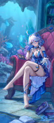  1girl absurdres alternate_costume aquarium asymmetrical_gloves barefoot blue_eyes blue_gloves book book_stack breasts chair cowlick crossed_legs furina_(genshin_impact) genshin_impact gloves head_rest highres indoors long_hair looking_at_viewer medium_breasts mismatched_gloves on_chair reaching reaching_towards_viewer single_off_shoulder single_sleeve sitting solo white_gloves white_hair yelan_xing_xuan 