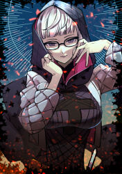  1girl black_cloak black_dress breasts cloak commentary dress fate/grand_order fate_(series) fire glasses grey_jacket highres hood hood_up hooded_cloak jacket jacques_de_molay_(foreigner)_(fate) jacques_de_molay_(foreigner)_(first_ascension)_(fate) ki_lly large_breasts long_sleeves open_clothes open_jacket parted_lips purple_hair seductive_smile short_hair smile solo white_hair 