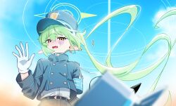  1girl absurdres armband black_hat black_jacket blue_archive blue_armband blue_sky buttons day demon_tail double-breasted earrings fang gloves green_hair green_halo halo hand_up hat highres jacket jewelry long_hair long_sleeves nozomi_(blue_archive) open_mouth pointy_ears single_earring sky solo tail twintails unworn_hat unworn_headwear upper_body very_long_hair white_gloves whonyang yellow_eyes 