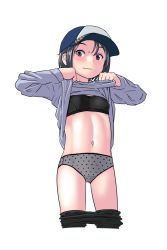  1girl baseball_cap black_bra black_hair black_pants black_sports_bra blush bra clothes_lift clothes_pull cowboy_shot embarrassed female_focus grey_panties hat lifting_own_clothes loli long_sleeves looking_at_viewer midriff navel original panties pants pants_pull polka_dot polka_dot_panties print_panties print_underwear red_eyes shirt shirt_lift simple_background solo source_request sports_bra sweat tomboy underwear unmaker wavy_mouth white_background  rating:Questionable score:108 user:Dweenie