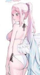  1girl absurdres angel_wings ass back bikini black_bow blank_eyes blue_archive blush bow breasts commentary feathered_wings gradient_hair hair_ribbon halo highres long_hair low_wings median_furrow mika_(blue_archive) multicolored_hair nephthys2356 open_mouth pink_hair pink_halo ponytail purple_ribbon ribbon shoulder_blades simple_background solo swimsuit symbol-only_commentary thighs white_background white_bikini white_wings wings 