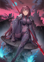  1girl armor blue_fire blush bodysuit breasts closed_mouth cloud commentary_request covered_navel fate/grand_order fate_(series) fire gae_bolg_(fate) hair_intakes highres holding holding_polearm holding_weapon large_breasts lips long_hair looking_at_viewer moon nakaga_eri outdoors pauldrons pink_lips polearm purple_bodysuit purple_hair red_eyes red_sky scathach_(fate) shoulder_armor sitting sky smile solo spear weapon 