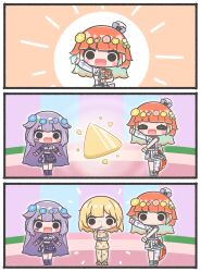  3girls blonde_hair chibi hololive hololive_english koseki_bijou mpien multiple_girls orange_hair pajamas purple_hair takanashi_kiara virtual_youtuber watson_amelia 