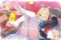 ! !! &gt;_&lt; 2girls absurdres animal_ear_headphones animal_ears apron bandaid bandaid_on_head black_dress blonde_hair blue_archive blue_panties blue_ribbon blush box broom bucket cardboard_box chibi chibi_inset chinese_commentary commentary_request crossed_bandaids crying doodle_sensei_(blue_archive) dress fake_animal_ears fallen_down feet frilled_dress frills green_eyes green_halo halo headphones highres long_sleeves looking_at_viewer lying maid_apron maid_headdress midori_(blue_archive) midori_(maid)_(blue_archive) momoi_(blue_archive) multiple_girls neck_ribbon no_shoes o_o official_alternate_costume on_back one_eye_closed open_mouth painter-lhb panties peroro_(blue_archive) revision ribbon rug sensei_(blue_archive) siblings sisters soles speech_bubble streaming_tears tears thighhighs toes twins underwear white_apron white_thighhighs wooden_floor 