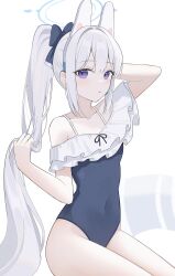  1girl absurdres animal_ears arm_behind_head blue_archive blue_bow blue_halo blue_one-piece_swimsuit blue_ribbon bow breasts covered_navel fake_animal_ears frilled_one-piece_swimsuit frills hair_bow halo hands_in_own_hair highres long_hair looking_at_viewer looking_to_the_side miyako_(blue_archive) miyako_(swimsuit)_(blue_archive) one-piece_swimsuit parted_lips ponytail purple_eyes rabbit_ears ribbon simple_background small_breasts smile solo swimsuit white_hair yagen_(user_mxur3238) 