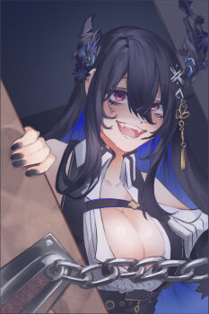  1girl absurdres anger_vein asymmetrical_horns black_hair black_horns black_nails black_vest blue_hair breasts chain cleavage colored_inner_hair dress_shirt highres hololive hololive_english horns large_breasts mole mole_under_eye multicolored_hair nerissa_ravencroft nerissa_ravencroft_(1st_costume) open_door open_mouth purple_eyes qjinator shirt solo vest virtual_youtuber white_shirt 