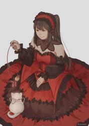 1girl absurdres black_hair breasts cat date_a_live dress gothic_lolita heterochromia highres lolita_fashion medium_breasts red_eyes solo tokisaki_kurumi twintails