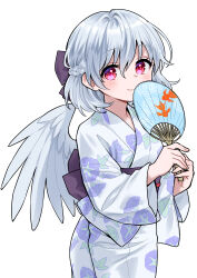  1girl alternate_costume ama-tou animal_print blush braid closed_mouth commentary_request feathered_wings fish_print floral_print grey_hair grey_wings hand_fan highres holding holding_fan japanese_clothes kimono kishin_sagume long_sleeves looking_at_viewer medium_hair multicolored_kimono print_fan print_kimono red_eyes simple_background single_wing smile solo touhou white_background white_kimono wide_sleeves wings yukata 