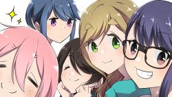  5girls ahoge black-framed_eyewear blonde_hair blue_hair brown_hair closed_eyes commentary_request fang glasses green_eyes grin hair_between_eyes hands_on_own_cheeks hands_on_own_face highres inuyama_aoi kagamihara_nadeshiko long_hair looking_at_viewer multiple_girls oogaki_chiaki pink_eyes pink_hair portrait purple_eyes purple_hair saitou_ena shima_rin short_hair signature simple_background skin_fang smile sparkle swept_bangs thick_eyebrows white_background yas_(yosiyasuyasu) yurucamp yurucamp_movie 