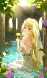  1girl absurdres back blonde_hair blue_eyes blue_flower blush closed_mouth column commentary commission day dress flower from_behind gloria_(gloriao3o) hands_up highres holding holding_flower light_smile long_hair looking_at_viewer looking_back off_shoulder original outdoors partially_submerged pillar pink_flower purple_flower sitting solo sunlight veil very_long_hair wariza water wet wet_clothes white_dress white_veil yellow_flower  rating:Sensitive score:1 user:danbooru