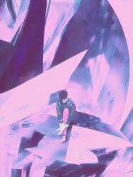  1other black_hair blue_jacket dkaism dressing full_body jacket mask original painterly pink_theme putting_on_legwear short_hair sitting socks surreal white_socks 