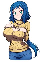 1girl absurdres aqua_eyes batta_16-sei blue_hair blue_pants breasts cleavage cleavage_cutout closed_mouth clothing_cutout commentary covered_erect_nipples cowboy_shot denim frown furrowed_brow gundam gundam_build_fighters hands_on_own_chest highres iori_rinko jeans large_breasts long_hair long_sleeves looking_at_viewer low_ponytail mature_female pants parted_bangs ponytail ribbed_sweater signature simple_background solo standing sweater turtleneck turtleneck_sweater white_background yellow_sweater rating:Sensitive score:50 user:danbooru