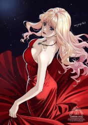  1girl alternate_costume bare_shoulders blonde_hair blue_eyes breasts cleavage collarbone dress earrings floating_hair from_above from_behind gradient_hair grin hair_between_eyes hair_intakes highres jewelry large_breasts lips lipstick long_dress long_hair looking_at_viewer looking_back looking_up macross macross_frontier makeup multicolored_hair naughty_face neck necklace parted_lips pink_hair red_dress red_lips ryu_(masu_nantoka-san) sheryl_nome single_bare_arm single_earring smile solo standing strapless strapless_dress thick_eyebrows very_long_hair 