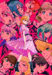  6+girls :q arashi_chisato black_hair black_shoes blonde_hair blue_eyes blue_hair blunt_bangs brown_hair closed_mouth dress fushi_(24fushi_phoenix) green_eyes grey_hair group_name hair_bun hair_ornament hairclip hands_on_own_cheeks hands_on_own_face hat hazuki_ren heanna_sumire high_heels highres long_hair looking_at_viewer looking_back love_live! love_live!_superstar!! medium_hair multiple_girls onitsuka_natsumi onitsuka_tomari open_mouth orange_eyes orange_hair pink_dress pink_hat ponytail purple_eyes purple_hair red_hair sakurakoji_kinako shibuya_kanon shoes short_hair short_sleeves siblings sidelocks single_side_bun sisters smile solo_focus standing tang_keke tongue tongue_out twintails wakana_shiki wien_margarete yoneme_mei 