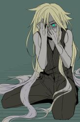  1boy alternate_hairstyle black_pants blonde_hair cloud_strife commentary_request covering_one_eye dark_persona despair final_fantasy final_fantasy_vii final_fantasy_vii_advent_children glowing glowing_eyes grey_hair hands_on_own_face highres knckcsp long_hair male_focus multicolored_hair pants possessed shirt sleeveless sleeveless_shirt slit_pupils two-tone_hair 