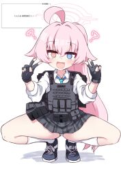  1girl ? @_@ ahoge black_gloves black_skirt blue_archive blue_eyes blue_necktie collared_shirt commentary double_v dress_shirt fang fingerless_gloves full_body gloves heterochromia highres hoshino_(armed)_(blue_archive) hoshino_(blue_archive) hypnosis kurosaki_kousuke long_hair looking_at_viewer mind_control miniskirt necktie official_alternate_costume open_mouth orange_eyes panties pantyshot plaid_clothes plaid_skirt pleated_skirt ponytail request_inset shirt skirt socks solo spread_legs squatting tiptoes translation_request underwear v very_long_hair white_panties white_shirt white_socks 