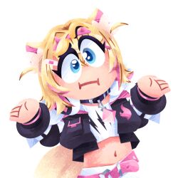  1girl 2snacks_(artist) :i animal_ears bandaid bandaid_hair_ornament belt black_jacket blonde_hair blue_eyes closed_mouth cropped_jacket cropped_shirt dog_ears dog_girl dog_tail fake_horns fur-trimmed_jacket fur_trim hair_ornament hairband hands_up hololive hololive_english horns jacket long_sleeves looking_at_viewer midriff mococo_abyssgard mococo_abyssgard_(1st_costume) multicolored_hair navel pink_belt pink_hair pink_hairband raised_eyebrow shirt short_hair shorts shrugging simple_background solo streaked_hair t-shirt tail transparent_background two_side_up upper_body virtual_youtuber white_shirt white_shorts 