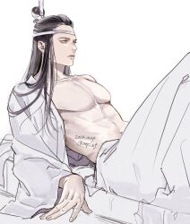  1boy abs arm_support bare_pectorals black_hair chinese_clothes closed_mouth collarbone dated expressionless eyelashes feet_out_of_frame hanfu headband highres knee_up lan_xichen leaning_back long_hair long_sleeves looking_to_the_side male_focus modao_zushi muscular muscular_male navel off_shoulder open_clothes open_robe pants parted_lips pectorals reclining robe robe_partially_removed sidelocks simple_background single_bare_shoulder sitting solo toned toned_male topknot twitter_username white_background white_headband white_pants white_robe wide_sleeves xiao_guan_(headdress) yellow_eyes ykmr_(haga) 
