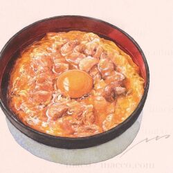  artist_name bowl chicken_(food) commentary_request egg_yolk food food_focus inaco no_humans original oyakodon_(food) signature watermark web_address 