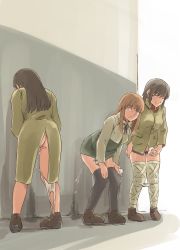 3girls black_legwear bottomless highres multiple_girls omuretsu_daihyakka panties panties_around_leg panty_pull peeing peeing_on_wall peeing_together pubic_hair puddle simple_background standing strike_witches suwa_goshiki suwa_masuzu suwa_miki thighhighs tissue underwear wall wiping world_witches_series rating:Explicit score:113 user:akarin_akari