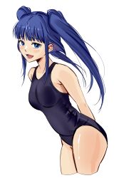  1girl absurdres arms_behind_back blue_eyes blue_hair blue_one-piece_swimsuit blush breasts cowboy_shot cropped_legs furudo_erika highres leaning_forward long_hair looking_at_viewer lower_teeth_only new_school_swimsuit one-piece_swimsuit open_mouth school_swimsuit simple_background solo standing swimsuit teeth twintails umineko_no_naku_koro_ni uneasywolf white_background 