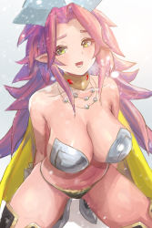  1girl angela_(seiken_densetsu_3) armor arms_behind_back bad_id bad_pixiv_id bikini_armor breasts cape choker cleavage collarbone commentary female_focus gradient_background grey_background highres jewelry large_breasts long_hair looking_at_viewer magus_(seiken_densetsu_3) necklace open_mouth pink_hair pointy_ears revision rosie99 seiken_densetsu seiken_densetsu_3 solo yellow_eyes  rating:Sensitive score:26 user:danbooru