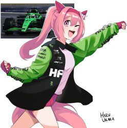  1girl ;d absurdres animal_ears arm_up black_jacket buruma car character_name clenched_hands clothes_writing commentary cowboy_shot fingerless_gloves flower_in_eye formula_one formula_racer gloves green_jacket hairband hand_up haru_urara_(umamusume) highres holeecrab horse_ears horse_girl horse_tail jacket kick.com long_hair motor_vehicle multicolored_jacket nico_hulkenberg one_eye_closed open_clothes open_jacket open_mouth photo_inset pink_buruma pink_gloves pink_hair pink_hairband ponytail race_vehicle racecar real_life sauber shirt simple_background smile solo symbol-only_commentary symbol_in_eye tail teeth trait_connection two-tone_jacket umamusume upper_teeth_only white_background white_shirt 