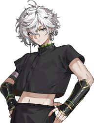  1boy antenna_hair armor bandaged_arm bandages black_shirt braid closed_mouth commentary cropped_shirt crossed_bangs earrings green_eyes hair_between_eyes hanafuda_earrings hands_on_own_hips heterochromia highres japanese_armor jewelry kaohom503 kote kurokote looking_at_viewer male_focus midriff murakumo_kagetsu murakumo_kagetsu_(1st_costume) navel nijisanji purple_eyes shirt short_hair short_sleeves side_braid simple_background single_braid solo symbol-only_commentary virtual_youtuber white_background white_hair 