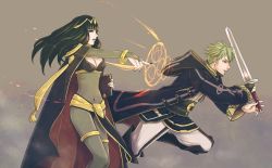1boy 1girl black_hair bodysuit book bracelet breasts cape cleavage cloak fire_emblem fire_emblem_awakening highres jewelry long_hair loosely-common lots_of_jewelry magic_circle male_robin_(fire_emblem) nail_polish nintendo purple_eyes sword tharja_(fire_emblem) weapon rating:Sensitive score:23 user:danbooru
