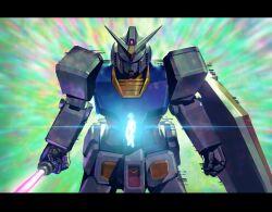  1boy arm_shield bly_mead commentary cowboy_shot energy_sword glowing green_background gundam gundam_gquuuuuux highres holding holding_sword holding_weapon letterboxed mecha mobile_suit robot rx-78-2_gundam science_fiction shield shuji_ito solo_focus sword symbol-only_commentary v-fin weapon wide_shot 