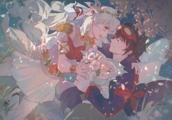  1boy 1girl absurdres blazer blonde_hair blue_eyes couple flower gensou_getsumen_rt highres holding holding_flower jacket looking_at_another looking_at_viewer nia_teppelin simon_(ttgl) tengen_toppa_gurren_lagann 