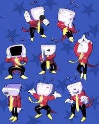  1boy ant_tenna arms_up black_pants blue_background blush_stickers claw_pose crt deltarune evil_smile gloves hands_on_own_head hands_up head_down holding holding_microphone long_nose male_focus microphone multiple_views necktie object_head own_hands_together pants pointy_nose shoes single_blush_sticker smile southwi22151117 star_(symbol) tailcoat white_gloves yellow_necktie yellow_shoes 
